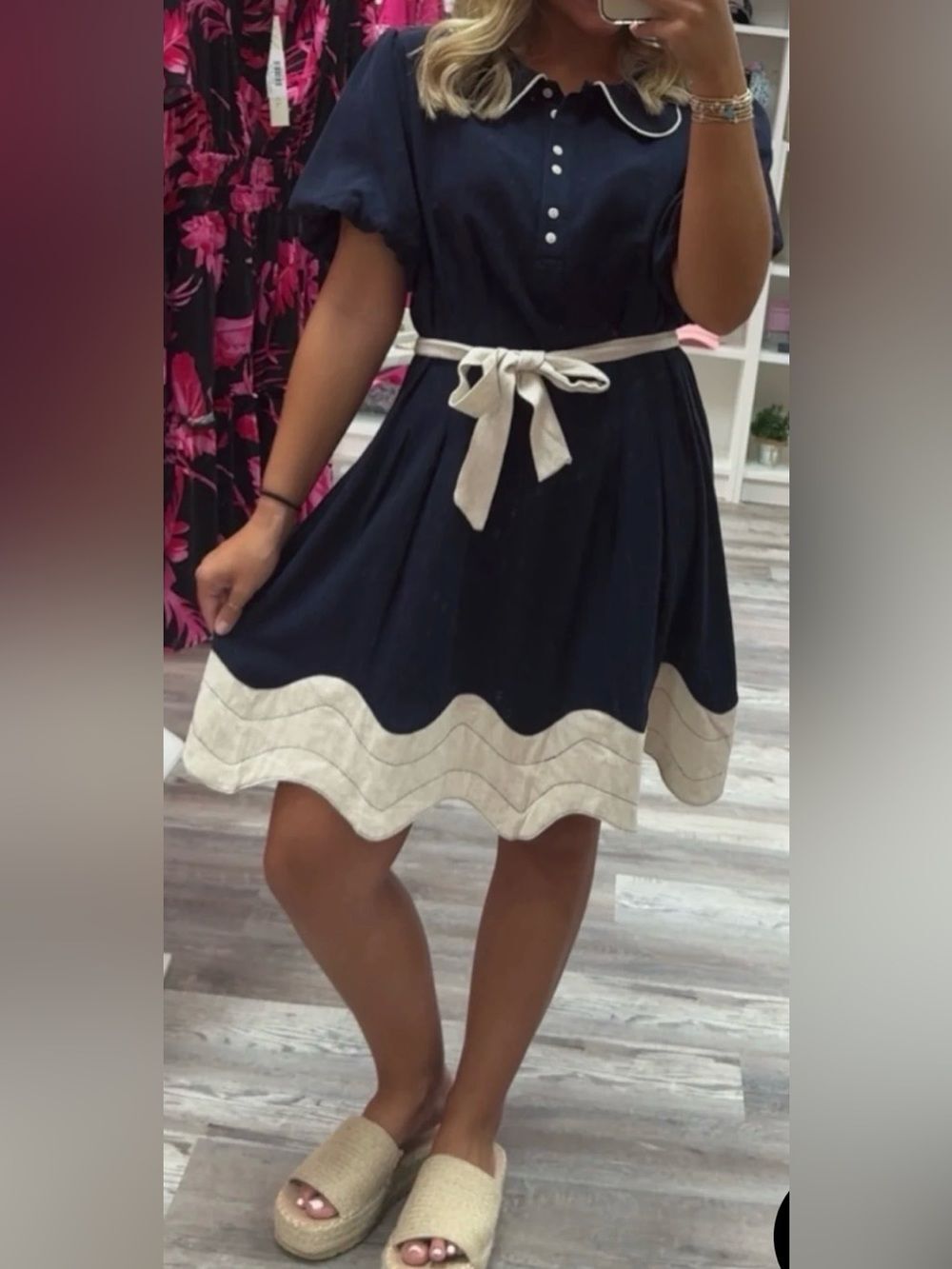 Umgee Navy Puff Sleeve Dress with White Trim